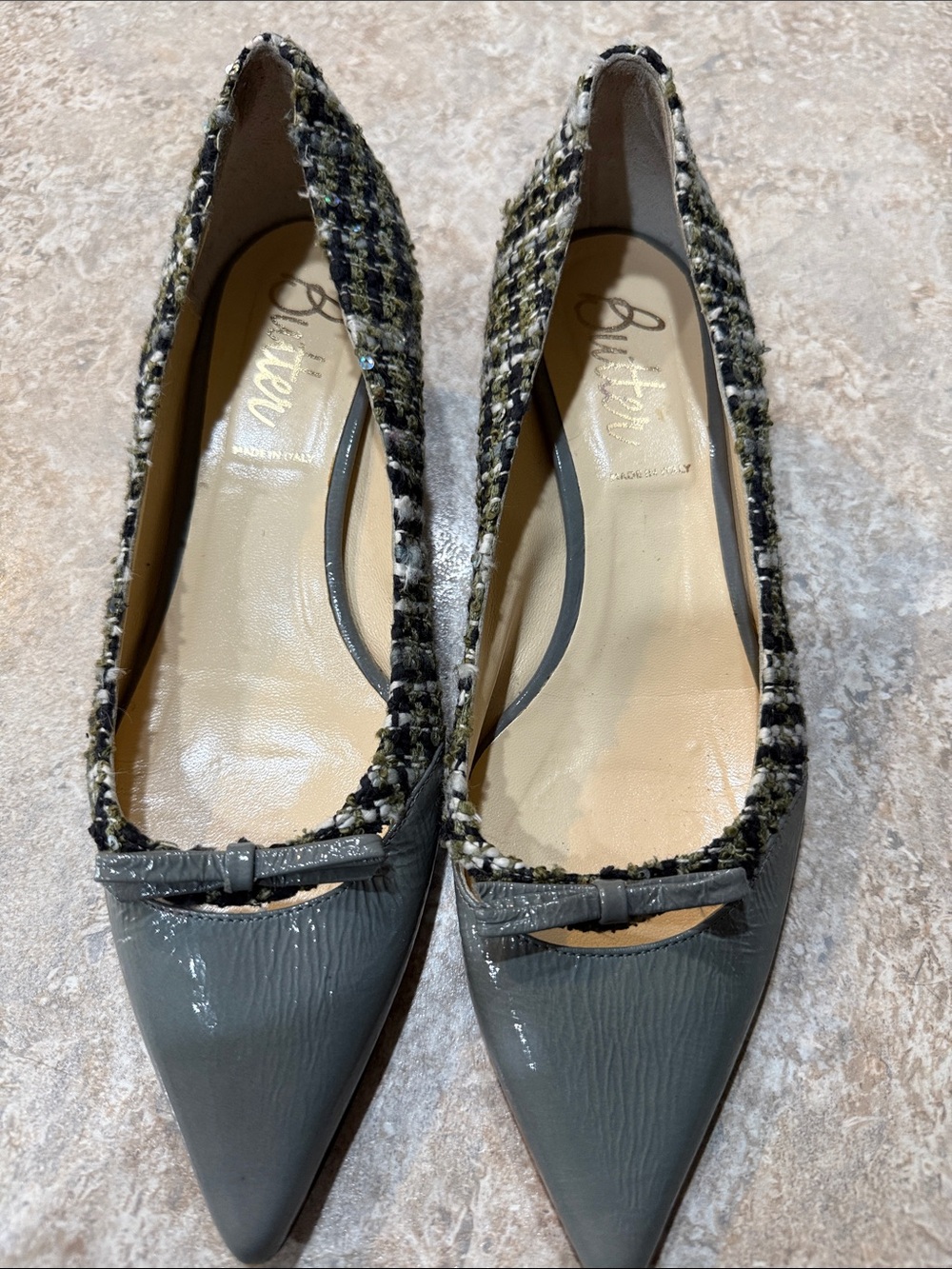Butter Pointed Toe Kitten Heels Gray Tweed Pumps
